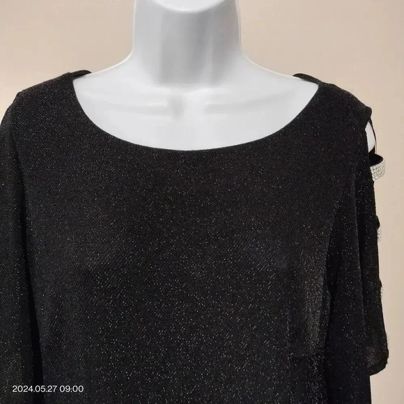 Alex Evenings Size Large Metallic Cut-Out Sleeves Black Sparkly Top - Picture 3 of 9